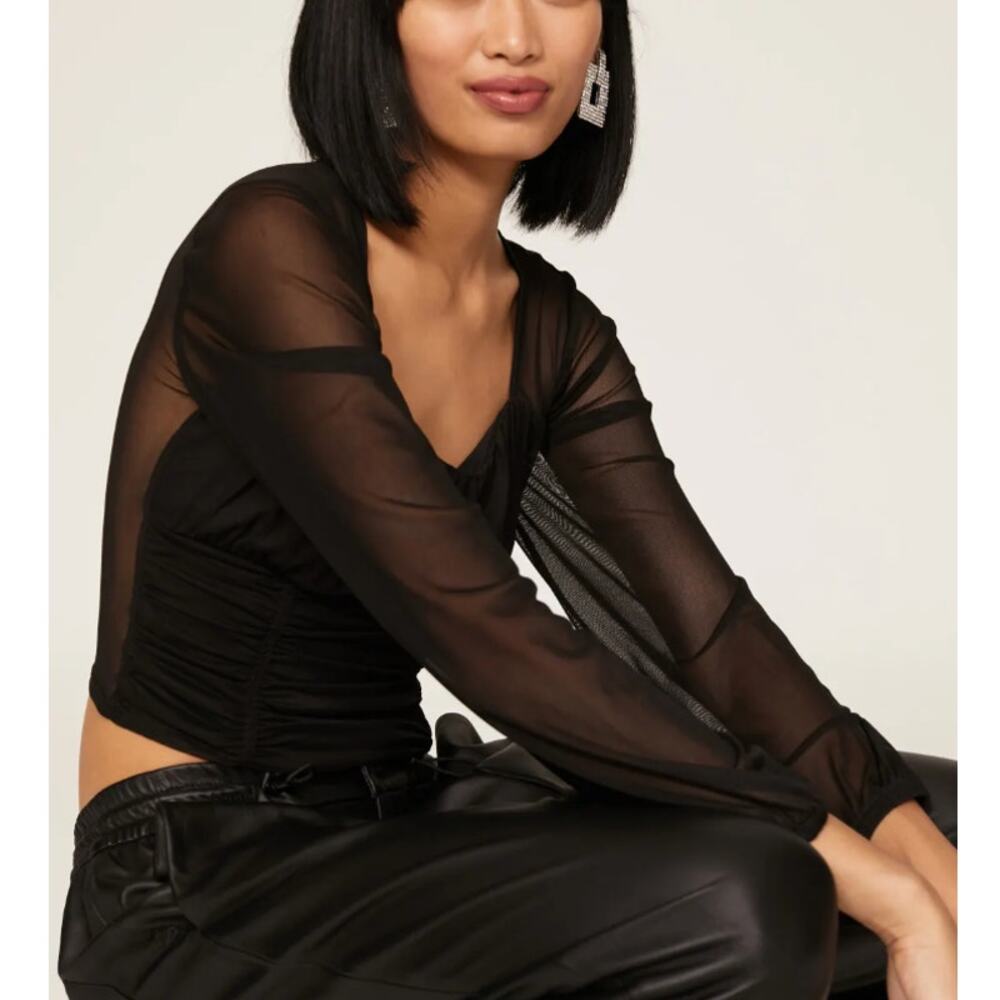Louna Black Mesh Top SMALL Ruched Sheer Whimsigoth Dark Romance Cropped $150